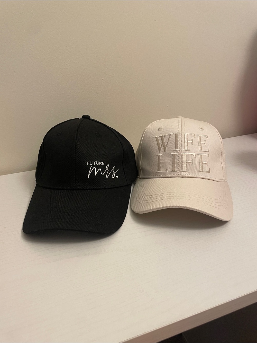 Pair of Embroidered 'Future Mrs.' and 'Wife Life' Baseball Caps - Black & Cream